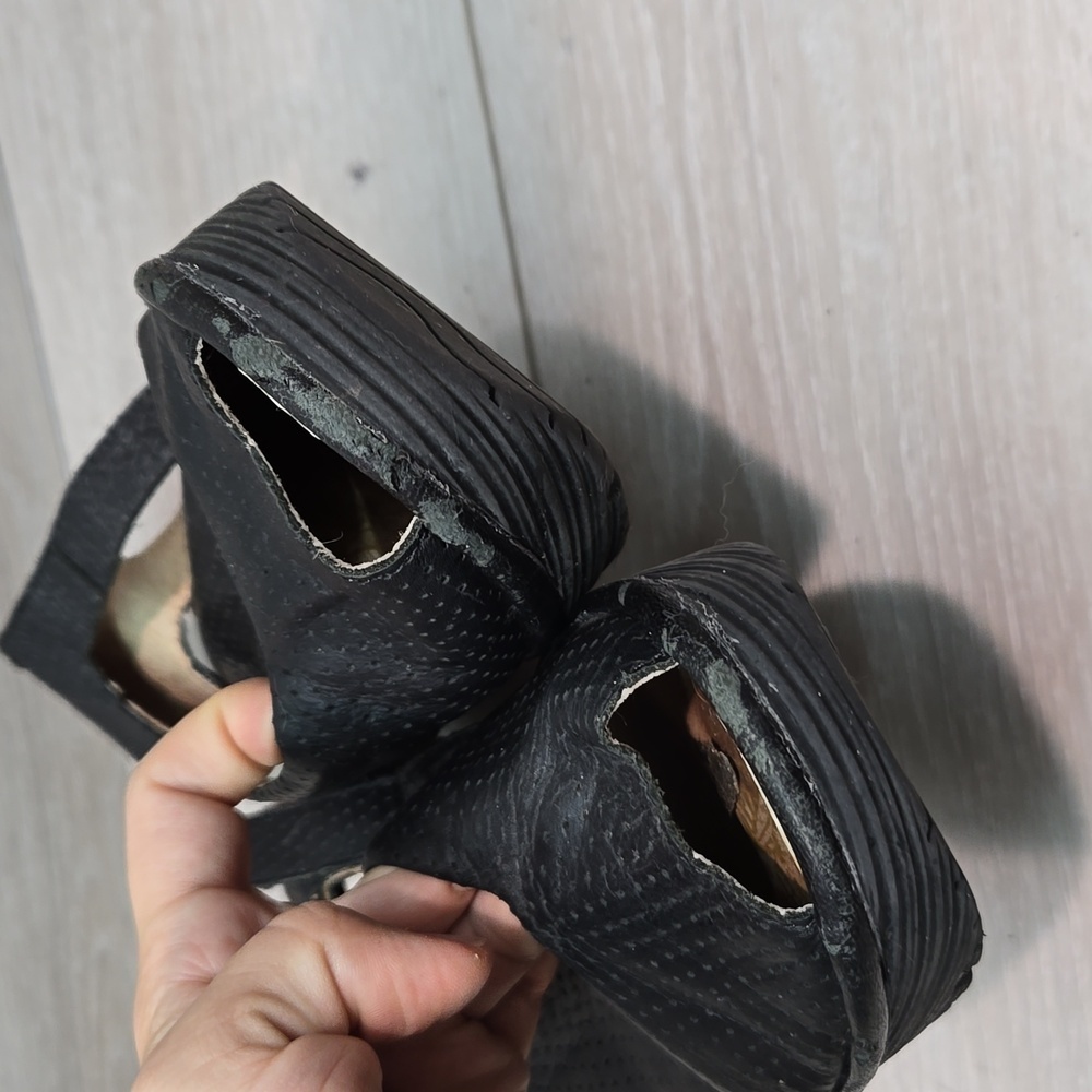 Fly London Black Perforated Peep-Toe Wedge Sandals - Picture 4 of 16